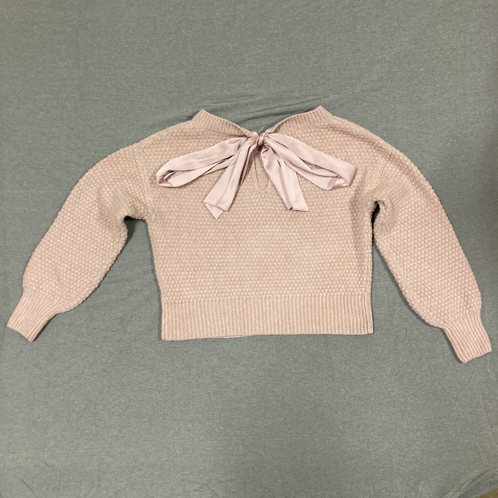Pink Rose Women Pink Textured Knit Sweater Open Back Ribbon Tie XS